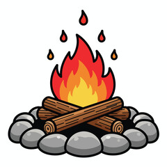 Cartoon Campfire Illustration with Burning Logs and Stones.