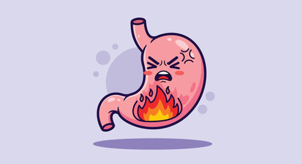 Cartoon Stomach Burning with Fire and Anger Illustration.