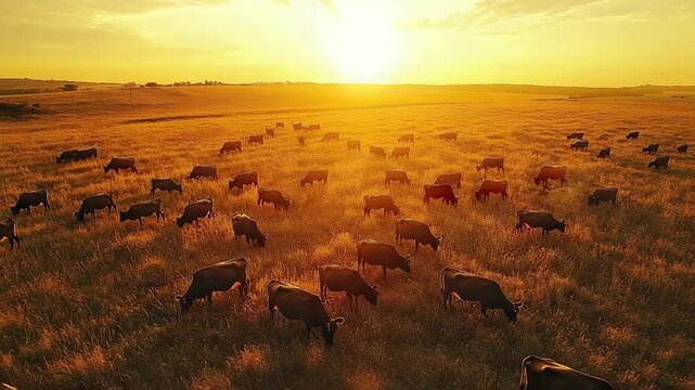 australian cattle grazing in golden farm field meadow sunset landscape drone view video