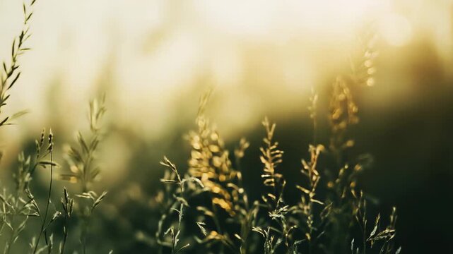 Wild long grasses and plant stems are gently swaying, catching beautiful warm golden light from the setting sun, creating a peaceful bokeh background and feeling of tranquility