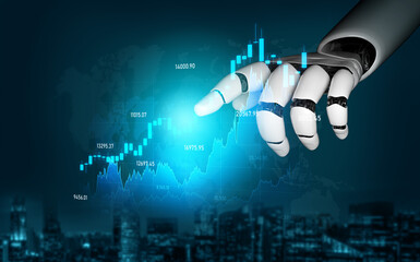 Fototapeta premium A robotic hand reaches out to interact with glowing financial data and graphs, symbolizing the integration of technology and finance in a modern business landscape. Scalp