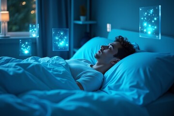 Serene young man peacefully asleep in a modern bed enveloped by holographic screens showcasing his dreams.
