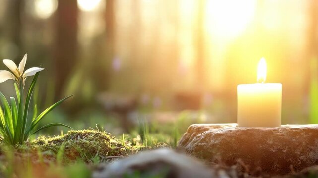 Golden sunlight illuminates a sacred candle and delicate white bloom, symbolizing the spiritual essence of Imbolc and St Brigid's Day, ushering in nature's rebirth