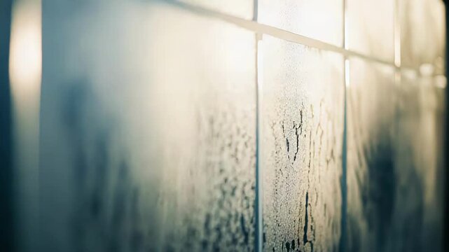 Condensation on glass creates a hazy, wet texture with soft light streaks and blurred droplets, an abstract, atmospheric background evoking humidity and refreshing coolness