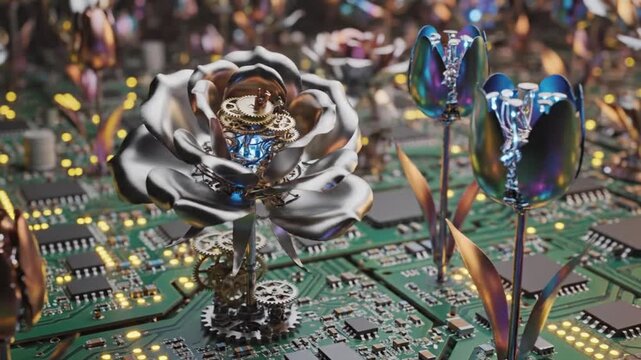Steampunk Mechanical Rose and Tulips on Circuit Board, Futuristic Botany, Tech Garden