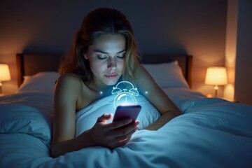 Gorgeous lady waking up to holographic alarm on futuristic smartphone in smart bedroom.