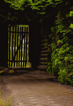 Rustic wooden gate surrounded by dense green foliage, forest entrance in Dziekanowice Poland