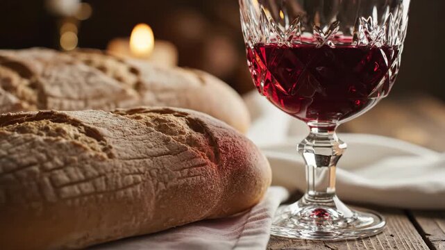 Rustic bread and red wine in a crystal glass. Religious communion ceremony concept. Still life composition
