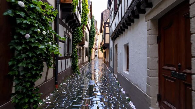 An Intimate Street Scene, Cozy Alley With Colorful Flowers, Charming Street With Wet Stones And Blooming Windows, Quiet Lane Featuring Damp Cobblestones And Vibrant Floral Displays