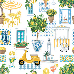 Italian cafe, gelato, lemon tree, sardine fish, lighthouse, tiles, window seamless pattern. Summer resort print.  © good_mood