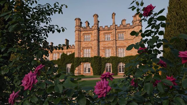 Elegant Estate View, Scenic Estate Captured During Twilight With Elegant Landscape Features, Picturesque Mansion Surrounded By Manicured Gardens And Floral Arches At Sunset