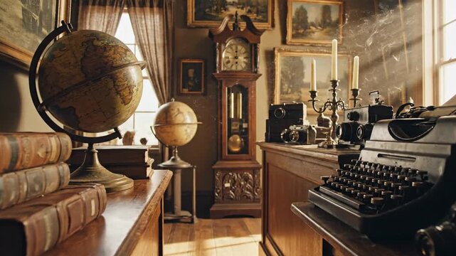 Study Room with Globe, Typewriter, and Antique Clock