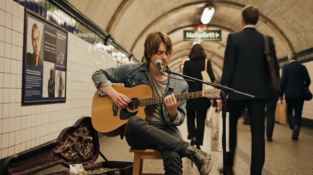 Male street musician playing acoustic guitar and singing in a busy subway station. Young busker performing for commuters walking by in an underground tunnel. Urban music performance concept