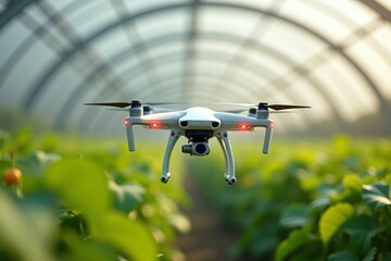 Modern farmers use advanced AI technology and drones for crop management and production optimization on an innovative smart farm.