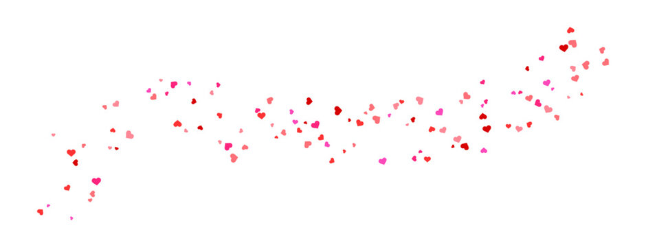 Valentin day petal heart trail on transparent background. Romantic love border, red pink soft falling hearts in wave shape for greeting card, wedding, invitation, banner, poster. Vector illustration.