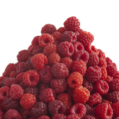 Fresh raspberries piled high on white background healthy snack or dessert ingredient