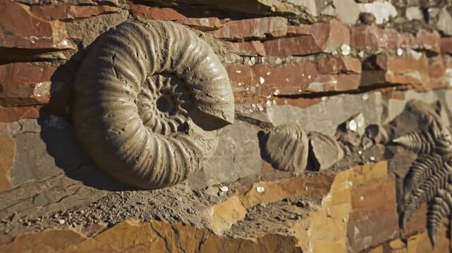 Ancient Ammonite Fossil Encased in Layered Sedimentary Rock