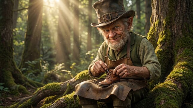 Weathered leprechaun repairing shoe in enchanted forest. Mythical irish creature crafting footwear on mossy tree. St. Patricks Day folklore and holiday magic concept.