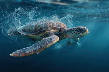 Obraz premium Sea turtle struggles to swim in ocean waters while entangled in plastic debris