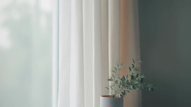 Minimalist home interior with a white table holding a simple vase of green branches and a small ceramic cup, bathed in soft natural light for a calm, modern look