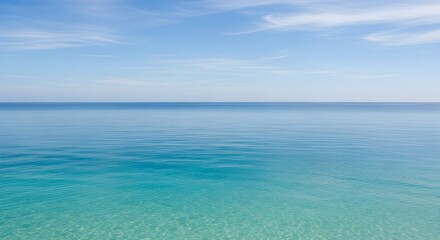 Obraz premium Vast expanse of calm, clear turquoise ocean water meeting a bright blue sky at the horizon