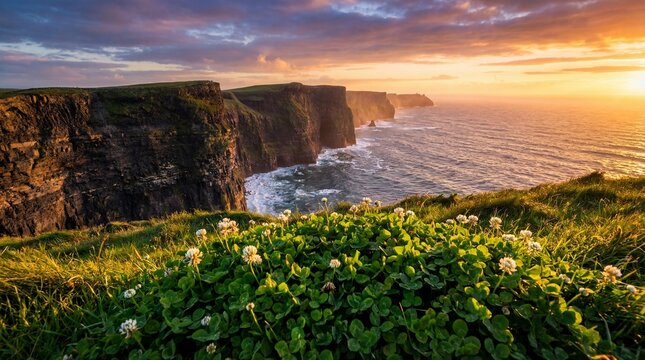 Majestic cliffs overlooking atlantic ocean at sunset. Lush green foreground with shamrocks and white flowers. Iconic irish landscape for st patricks day inspiration and nature exploration.