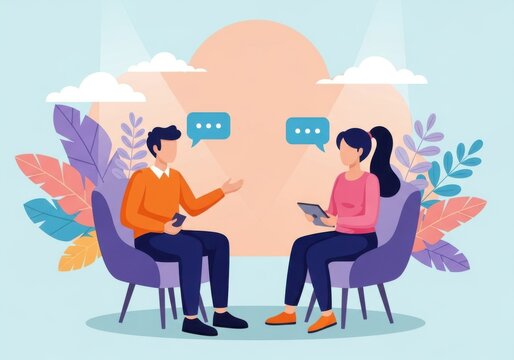 Two people talking and having a conversation with speech bubbles