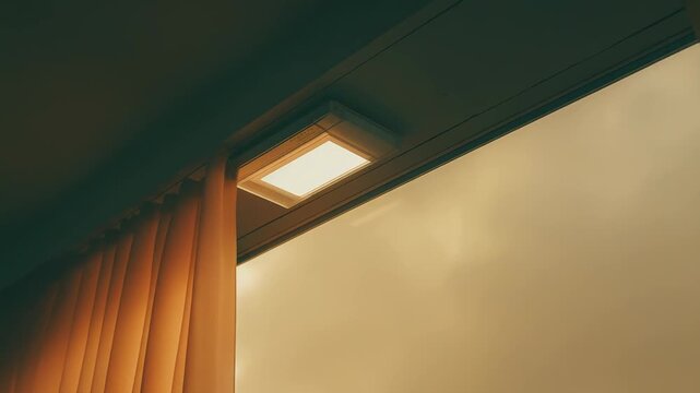 Warm artificial light from a ceiling fixture combining with natural outdoor light, creating a comforting atmosphere through the window offering a cloudy sky view