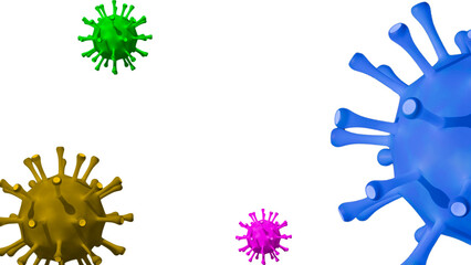 Three different colored viruses are floating in the air. The viruses are in different colors, with one being green, one being blue, and one being yellow