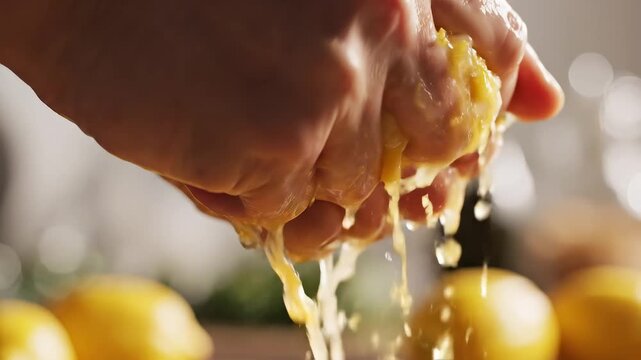 Hand squeezing lemon with juice dripping