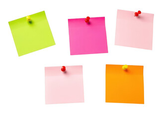Four colorful sticky notes pinned to a surface showcasing varied hues on transparent background high quality