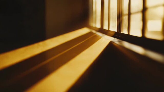 Warm sunlight streams through a window, casting long, distinct parallel geometric shadows and creating a cozy, serene atmosphere with a feeling of hope and new beginnings