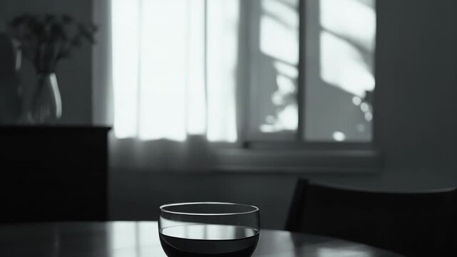Glass bowl holding water standing on a round dark wooden table, capturing reflections of window light and strong shadows in a quiet domestic interior setting