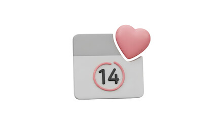 A pink heart on a calendar icon with the number 14 on a transparent background