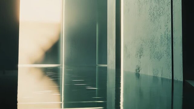 Abstract architectural space features concrete walls and vertical light beams reflecting on a rippled water surface, creating a mysterious and serene atmosphere