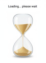 Glass hourglass with sand and loading text on white background