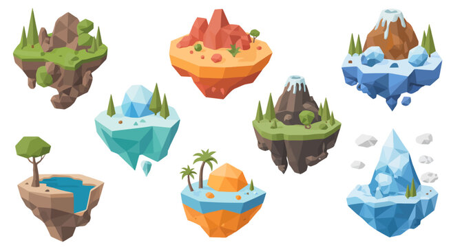 Collection of low poly floating islands with diverse biomes and geological landscape fantasy