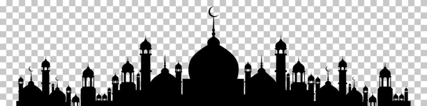 Black silhouette of an Islamic mosque or city skyline with multiple domes and minarets, featuring a crescent moon on the main dome, against a transparent background.