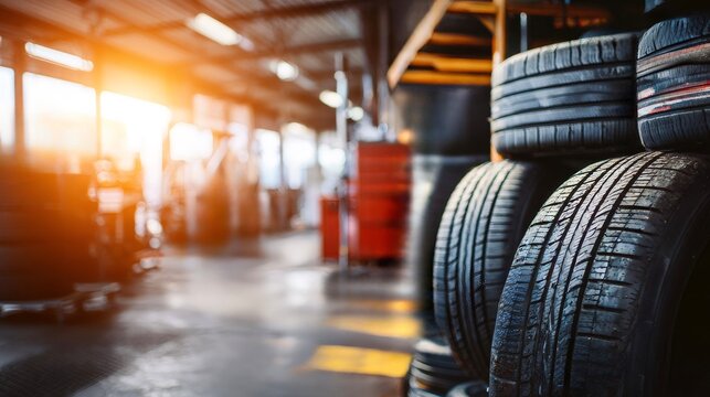 Stacks of new and used car tires on metal shelving in a bright automotive service center, organized inventory for maintenance, replacement and retail distribution with depth of field
