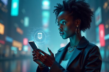 Gorgeous African Woman Engaging with Holographic Smartphone in Futuristic Urban Setting.
