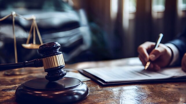 Legal professional reviewing an insurance claim after a car crash, signing paperwork on a wooden desk with gavel and scales of justice symbolizing liability and settlement