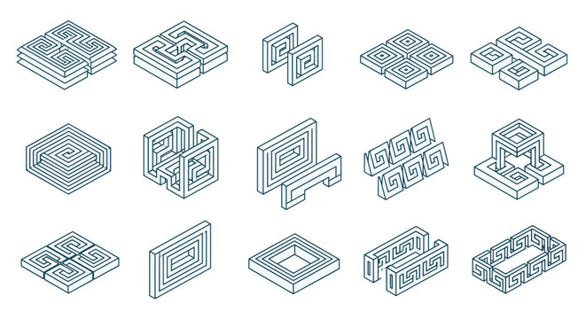 Collection of isometric 3d maze and puzzle illustrations set