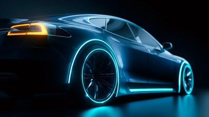 Tesla electric car showcasing advanced automotive technology with sleek design, illuminated by vibrant blue neon light accenting wheels and side, and amber tail light on a dark studio backdrop