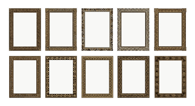 Set of ten empty vintage ornate picture frames with gold accents