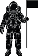 Astronaut silhouette illustration with flag, space exploration and achievement concept, black and white design, cosmic discovery symbol