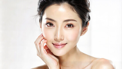 Naklejka premium Young Asian woman smiling and touching her face with natural light 