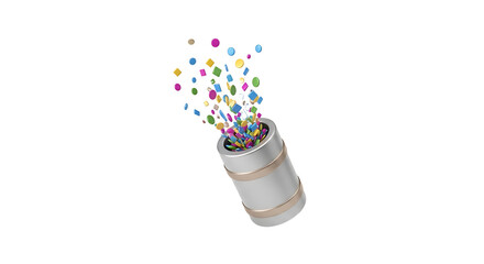A white bucket filled with colorful confetti on transparent background