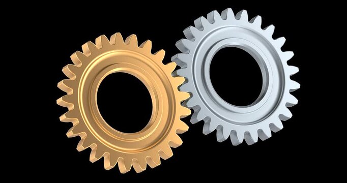 Two interlocking gears rotation animation seamlessly loopable. 3D rendering isolated on transparent background