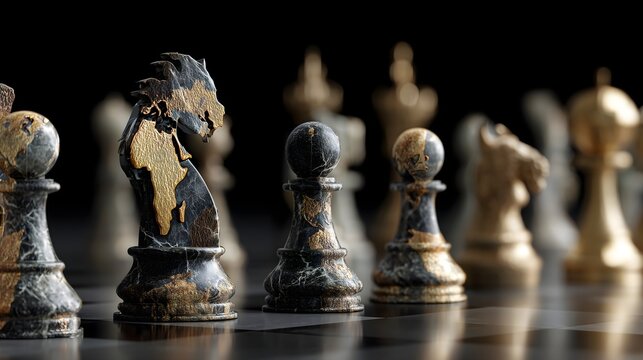 Global chess strategy with world map pieces &ndash; geopolitical tension concept, power moves, world conflict, strategy planning, international relations, global competition on chessboard