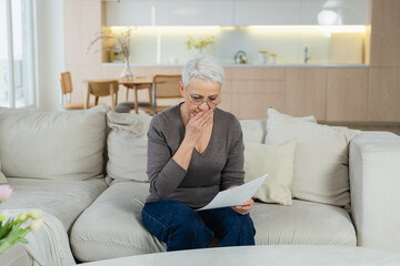 Sad tired ill sick lonely disappointed older senior woman reading bad news at home alone. Unhappy...